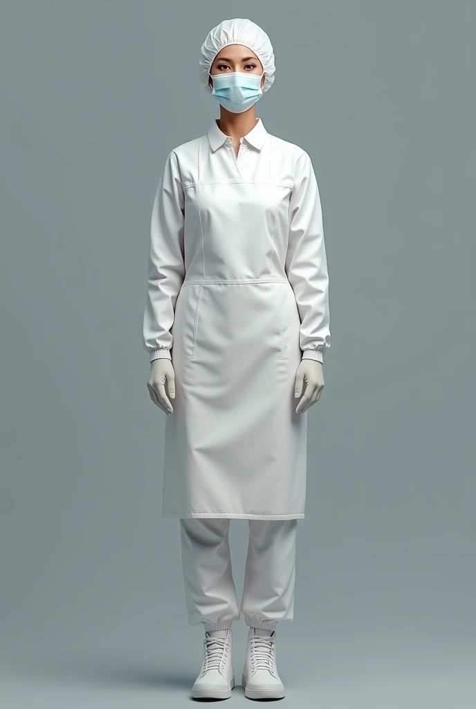 In 2d a lady with an apron, disposable cap, White uniform, gloves, face mask, Boots, of food industry without hair 