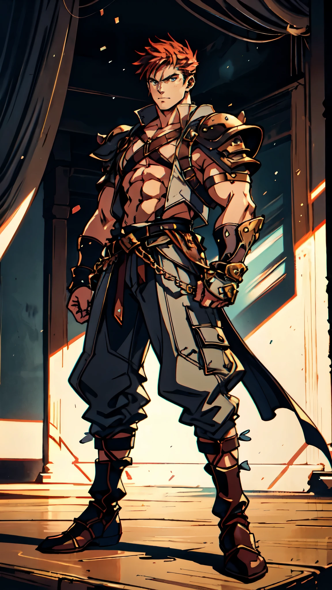 (masterpiece:1.2, best quality:1.2, extremely delicate:1.2), ((male:1.5)), a man with spiky short orange-red hair, side-parted bangs, a calm gaze, a faint smile, a mature and handsome face, dark skin, a tall and muscular build, a bare upper body, several strips of leather armor wrapped around his left shoulder and chest, wrist guards, loose beige cargo pants, standing in a massive circular arena, this character embodies a finely crafted fantasy-realist style gladiator in anime style, exquisite and mature manga art style, dramatic, high definition, highres, ultra-detailed, ultra-fine painting, professional, perfect body proportions, golden ratio, anatomically correct, symmetrical face, extremely detailed eyes and face, high quality eyes, creativity, RAW photo, UHD, 32k, Natural light, cinematic lighting, (masterpiece-anatomy-perfect:1.2)