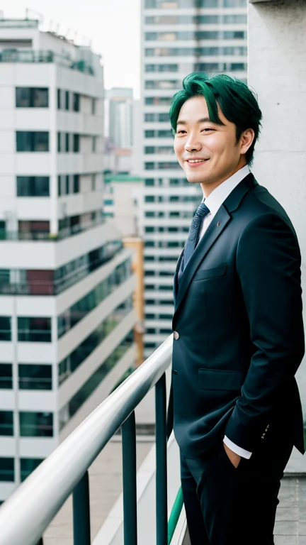 1 person,A smile 40-year-old Korean man ,green hair, In black suit,full bodyesbian,bulgin muscals,short hair, gentlesoftlighting,masterpiece,best qualtiy,8K UHD,digital SLR camera,filmgrain,cool post lean at the modern balcony in building