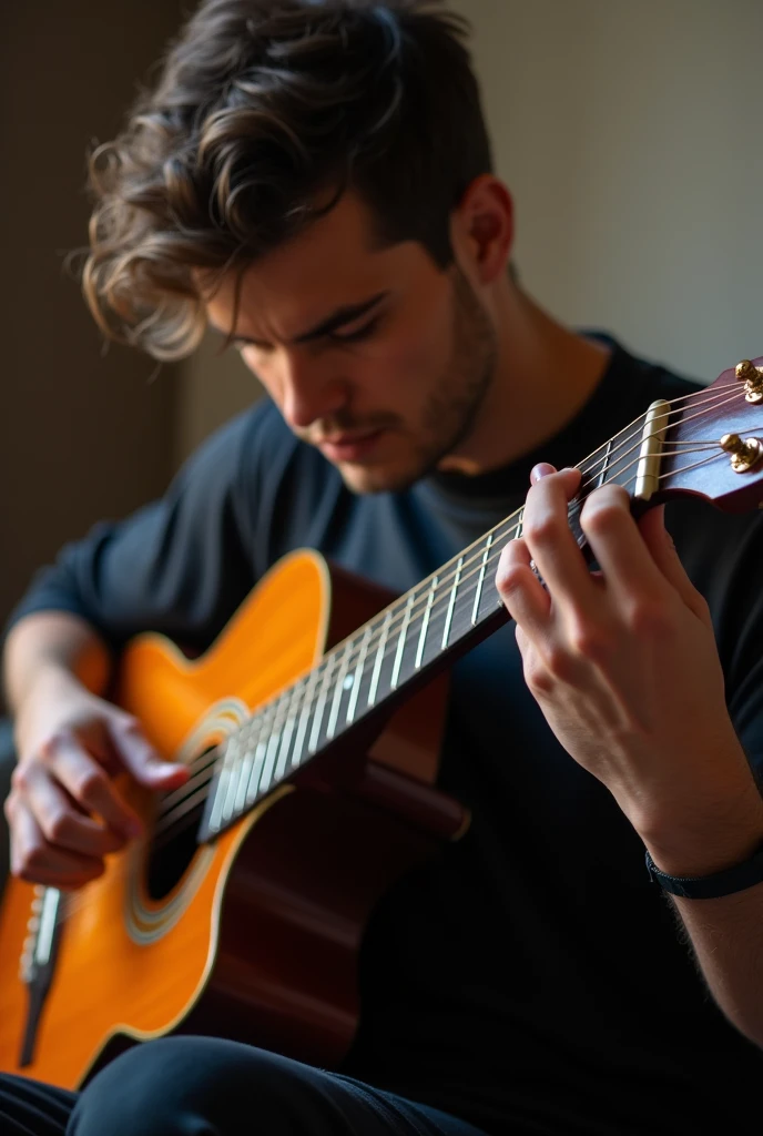 Create an image of a person having difficulty playing the guitar