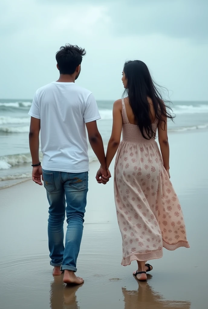 A boy age 27 south India from andhrapradesh wear jeans and t-shirt dusky skin and there was a girl age 25 north India from mumbai looks very modern she wears western dress looks very beautiful and active. Two are walking on the beach, between them have some space and the waves are hitting their feet and they are feeling excited. Cloudy climate and raining.