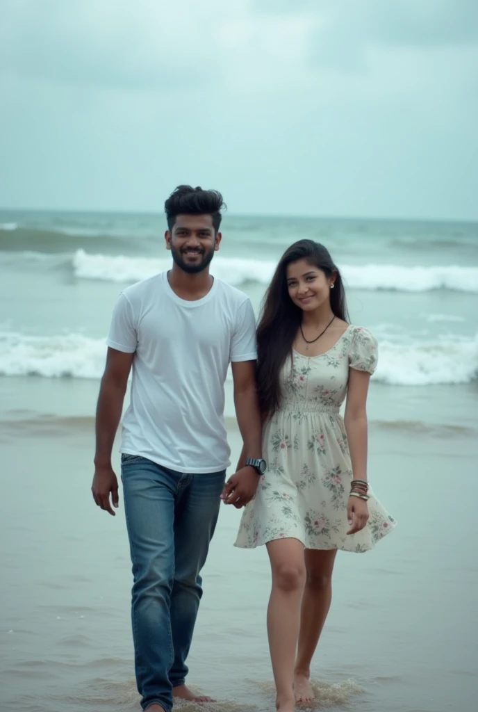 A boy age 27 south India from andhrapradesh wear jeans and t-shirt dusky skin and there was a girl age 25 north India from mumbai looks very modern she wears western dress looks very beautiful and active. Two are walking on the beach, between them have some space and the waves are hitting their feet and they are feeling excited. Cloudy climate and raining.