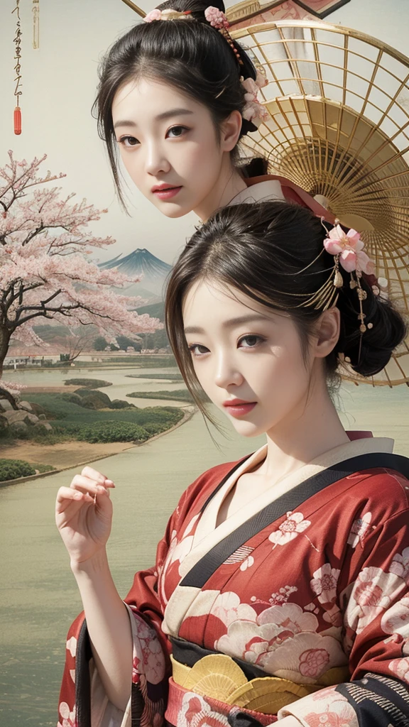 (background:Cherry blossoms on the mountain are covered with mist)((Ukiyo-e))japanese art,or period,tokyo art, lily,Natural landscape.(masseter membrane、top quality、Ukiyo-e style、mystery、Exquisite and beautiful、official art、Sharaku:1.2)、(1 japanese girl in:1.3)、(fractal art:1.3)、cowboy shooting、White skin、(beautiful brunette、kimono:1.2)、With Japanese traditional performing arts as the background、colorful、(reel、Belongs to Japanese style:1.2)、