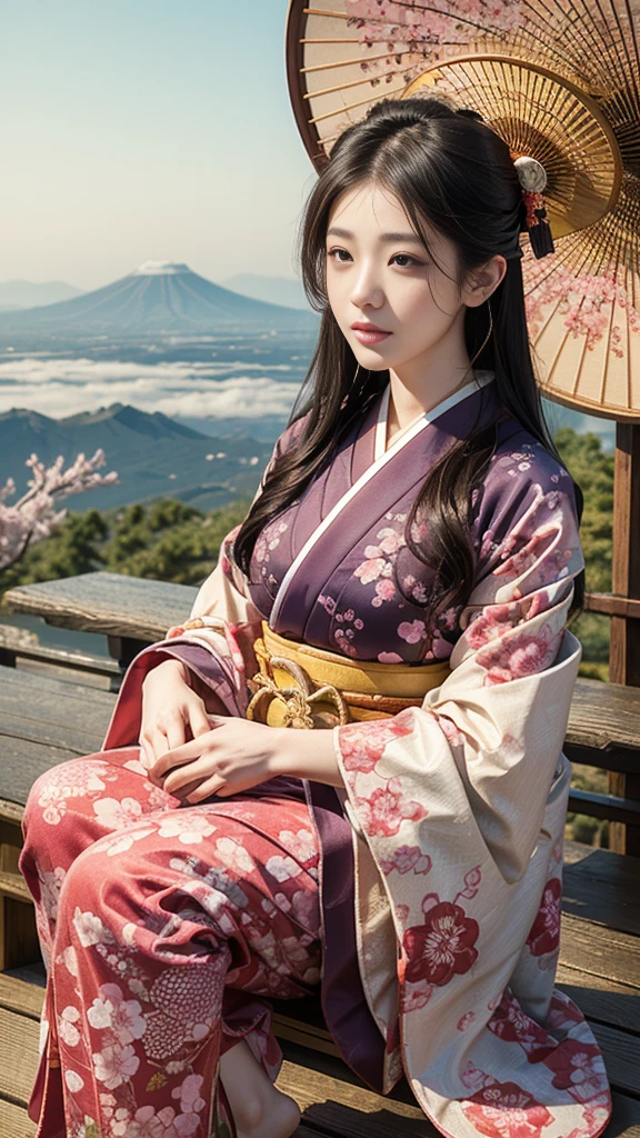 (background:Cherry blossoms on the mountain are covered with mist)((Ukiyo-e))japanese art,or period,tokyo art, lily,Natural landscape.(masseter membrane、top quality、Ukiyo-e style、mystery、Exquisite and beautiful、official art、Sharaku:1.2)、(1 japanese girl in:1.3)、(fractal art:1.3)、cowboy shooting、White skin、(beautiful brunette、kimono:1.2)、With Japanese traditional performing arts as the background、colorful、(reel、Belongs to Japanese style:1.2)、