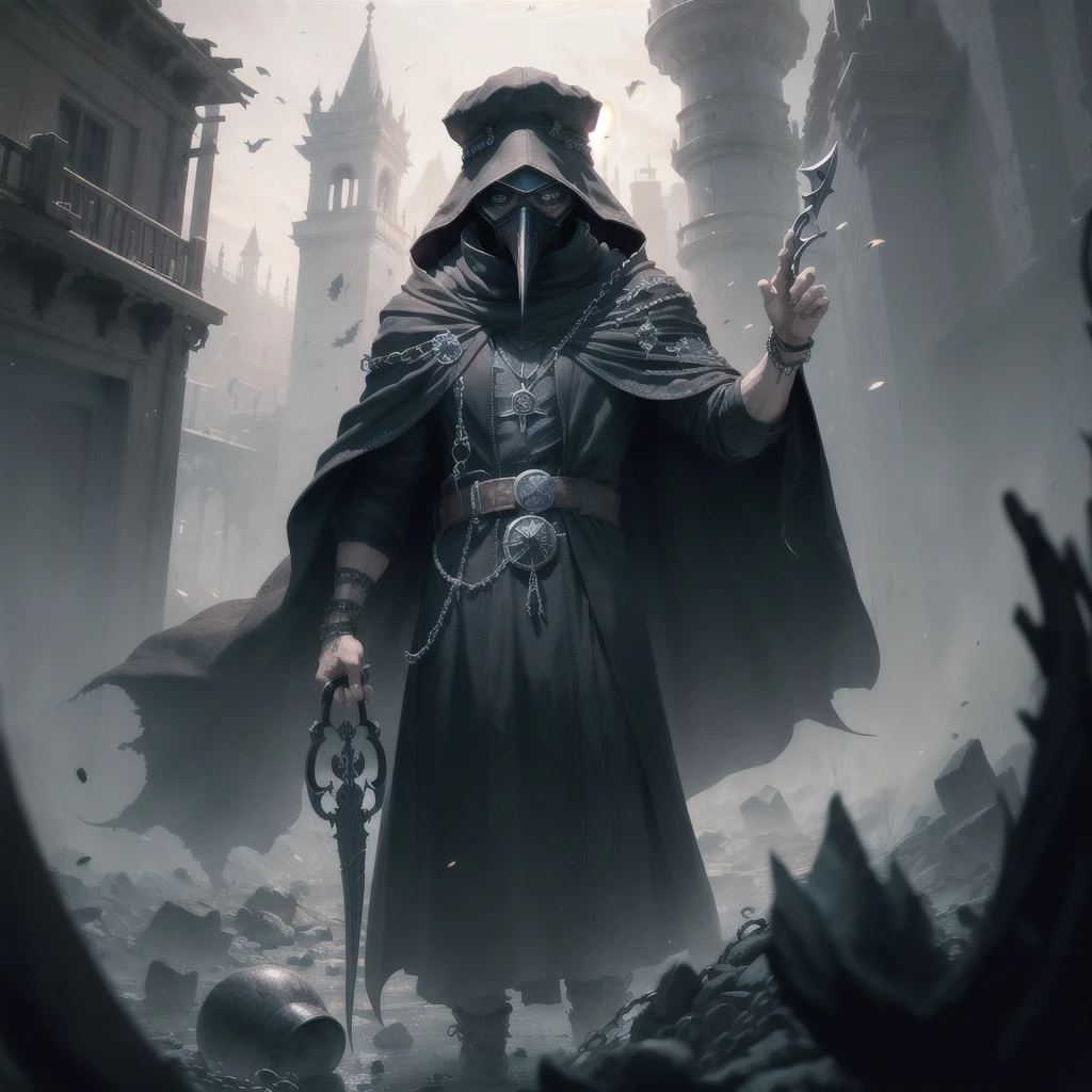 (masterpiece, Best quality), a high resolution, (permission 8k), center, (Ultra detailed), mad god, One, plague doctor, Goggles, Cap with brim, chain, black veil, cloak, beak mask, Volumetric lighting:1.1, darkness, (detail: 1.2), Sharp Focus, particles floating, (depth of field), high quality, Fujifilm 85mm, Ruin, landscape, extremely detailed background, a nightmare, 8 K, difficult, Grab, sickle with a long handle, Long fingers, long nails,
