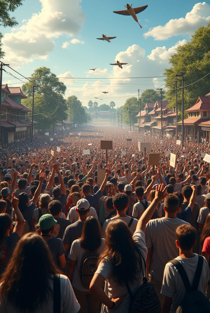 Thousands of people protest, in a village playground,