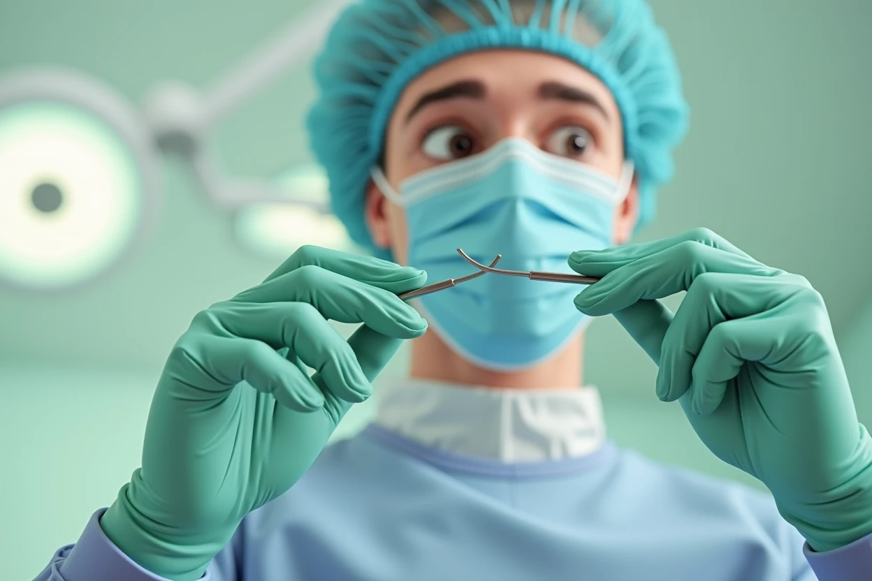 make a picture of a surgeon preparing for an operation with a scalpel in his hand. He must be male, drawn in a cartoonish style and with light purple colors, dark purple and white