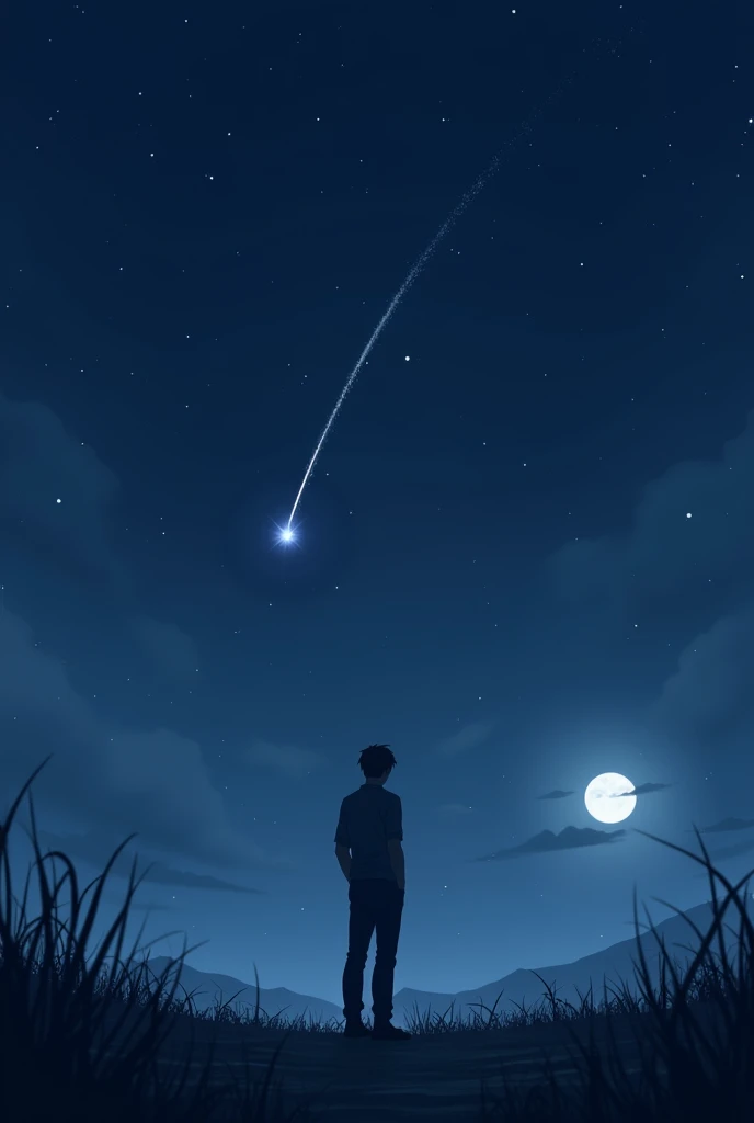 Draw in anime a man watching a shooting star pass by in the night sky and in the distance the moon appears to make it look like it&#39;s nighttime, around one in the morning Make it look darker and the man looks like he&#39;s thinking Leave the sky like this, Only now can the man be seen in the distance and only the silhouette of the man can be seen 