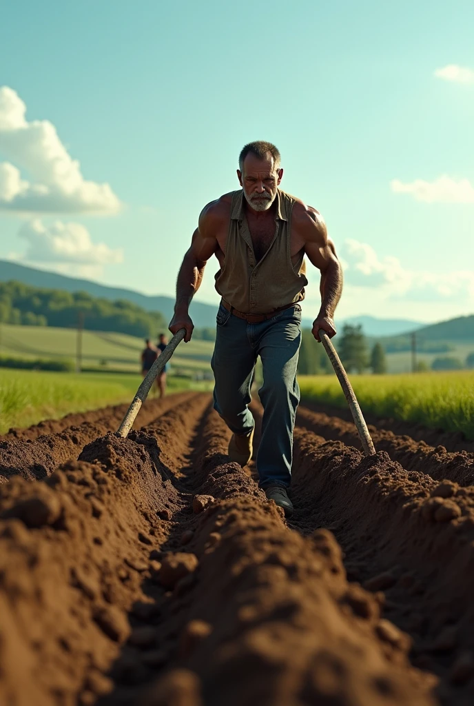 A dedicated man toiling in the fields, sweat glistening on his brow as he cultivates the land for his family's future.