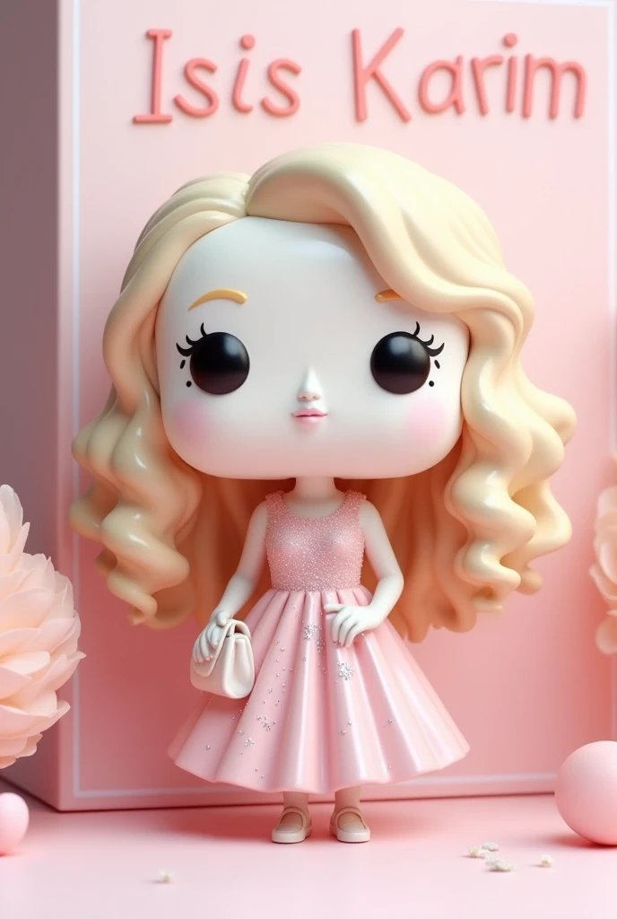 A white funko pop,with long light blonde curly hair wearing a long light pink dress with sparkles and a white bag,next to your written box "Isís Karim" with the box in white and pastel pink