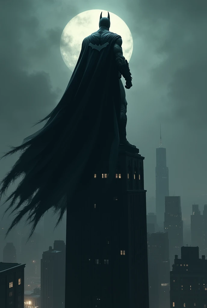 Make Batman stand on top of a building looking out over the city,I want the image to be very dark