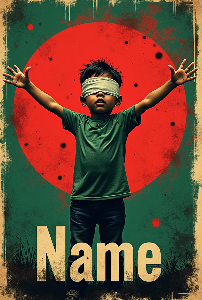 This image features the name "Name" along with a symbolic representation related to Bangladesh. The background and colors used in the illustration resemble the Bangladeshi flag, suggesting a theme of national significance. The image of the boy with a blindfold could represent themes of awareness, freedom, or a call to open one's eyes to certain issues.