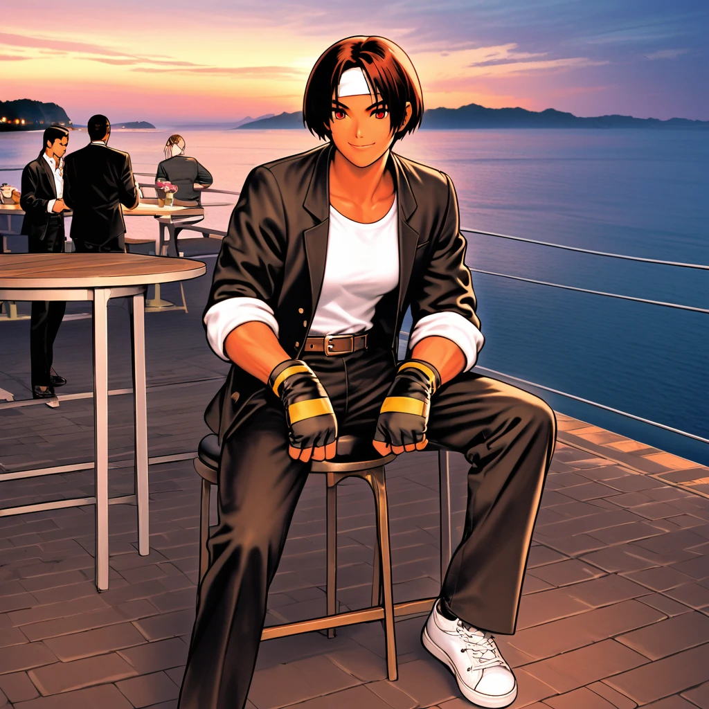 One person,woman,short hair,Dark Skin,Red eyes,(black jacket with sleeves rolled up),Fingerless gloves,White T-shirt, (White headband on forehead),Black trousers,White shoes,Brown belt,cute,Indoor Party,Charm Points,Ocean View,Slightly large chest,Outdoor,high quality,good looking,A confident smile,Dining with friends on the terrace,Vibrant atmosphere,Sit on a chair,Crossing legs,Place your hands on your knees
