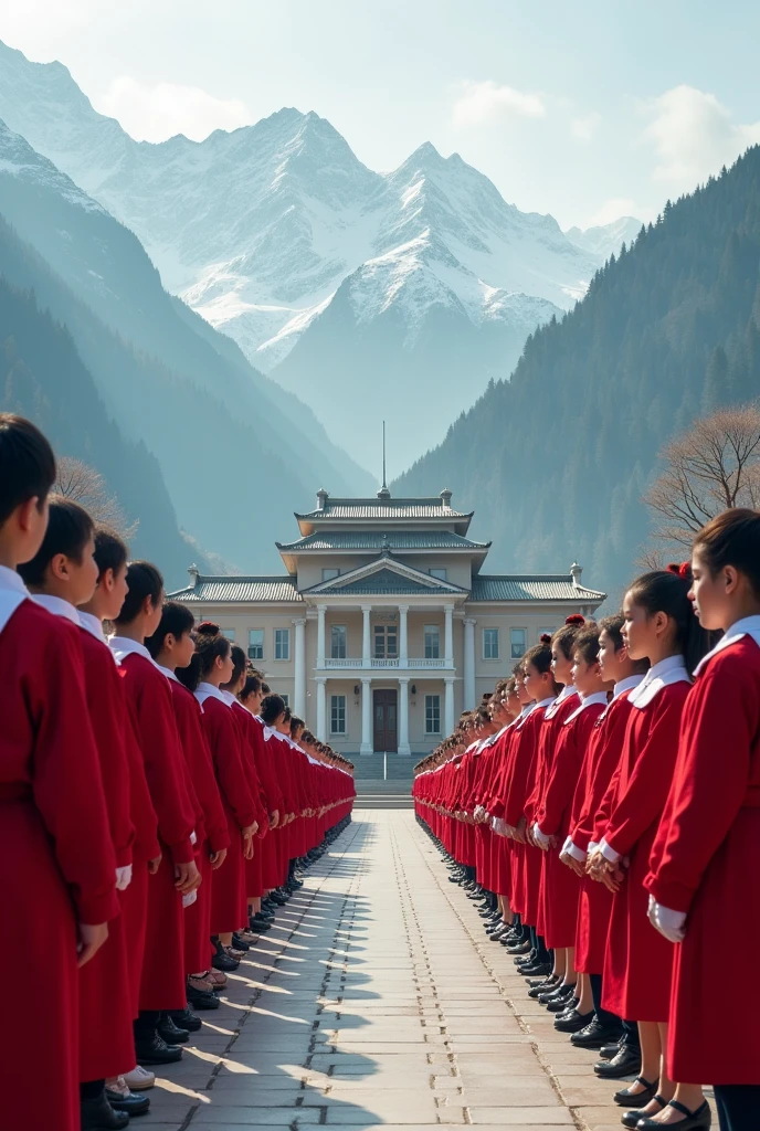 School  are getting ready" ceremony using red and white uniforms.

A luxurious school surrounded by mountains" the beautiful

