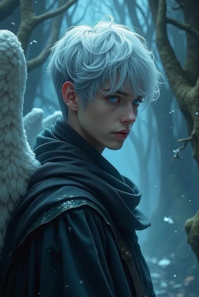 Half Angel Man, no wings, abyssal blue eyes, short shiny silver hair, bard outfit