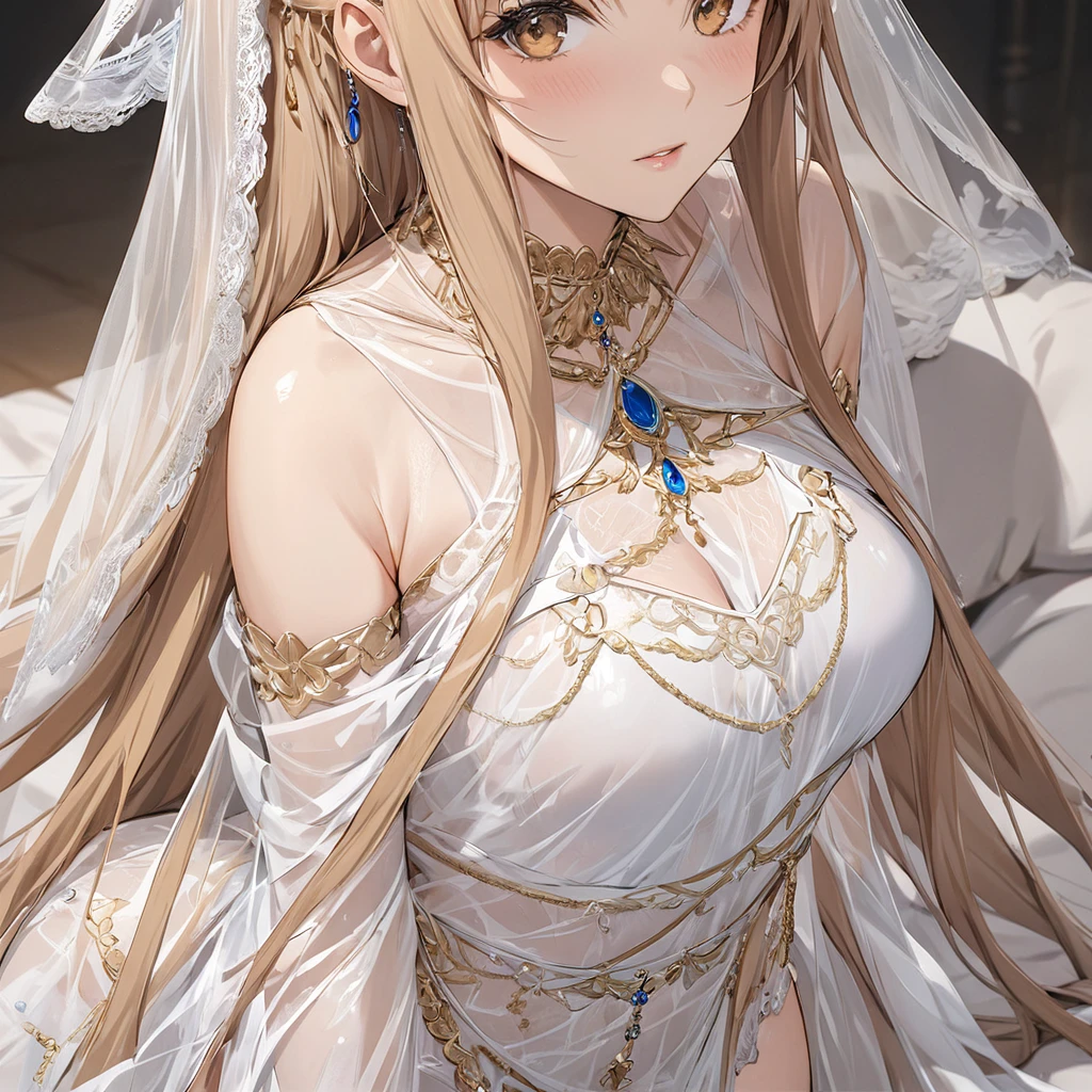 ((Highest quality)), ((masterpiece)), (detailed), （Perfect Face）、The woman is Yuuki Asuna, with light brown, semi-long hair, wearing a completely  outfit and veil, and adorned with luxurious accessories.