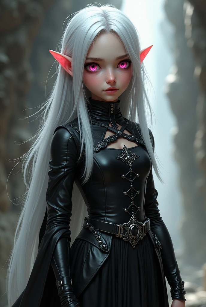 Young half-elf, with black leather clothes. With silver hair and pink eyes