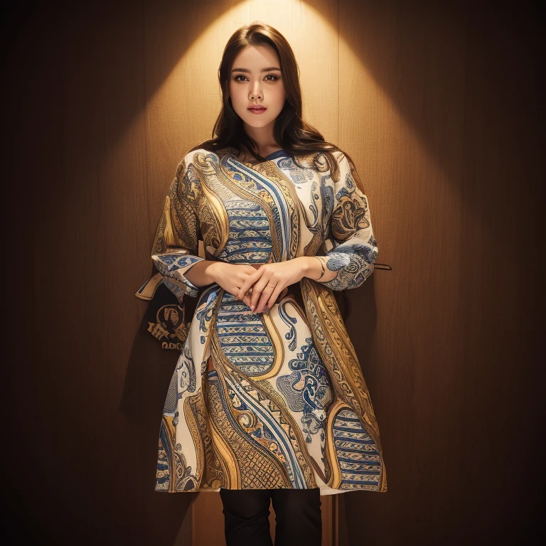 (masterpiece), (best quality), (digital painting), beautiful woman, thick eyebrows, blue eyes, curled eyelashes, facial details, long hair, big breasts, (brown batik shirt cloth_ patterns), short skirt step repeating patterns design, fabric art, flat illustration, Vector, 4K, Art station shop street background, Highly detailed, intricate, 8k octane rendering