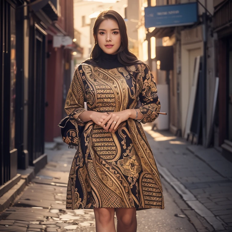 (masterpiece), (best quality), (digital painting), beautiful woman, thick eyebrows, blue eyes, curled eyelashes, facial details, long hair, big breasts, (brown batik shirt cloth_ patterns), short skirt step repeating patterns design, fabric art, flat illustration, Vector, 4K, Art station shop street background, Highly detailed, intricate, 8k octane rendering