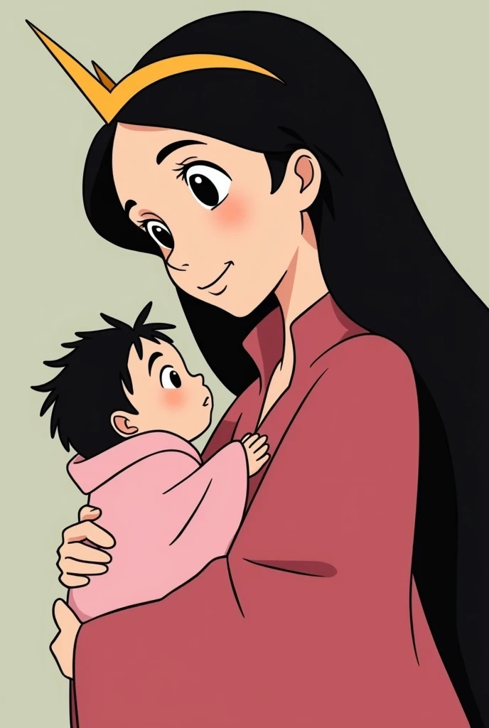 Create a beautiful queen and in her arms her  with a pink cloak, black hair, in the Studio Ghibli style
