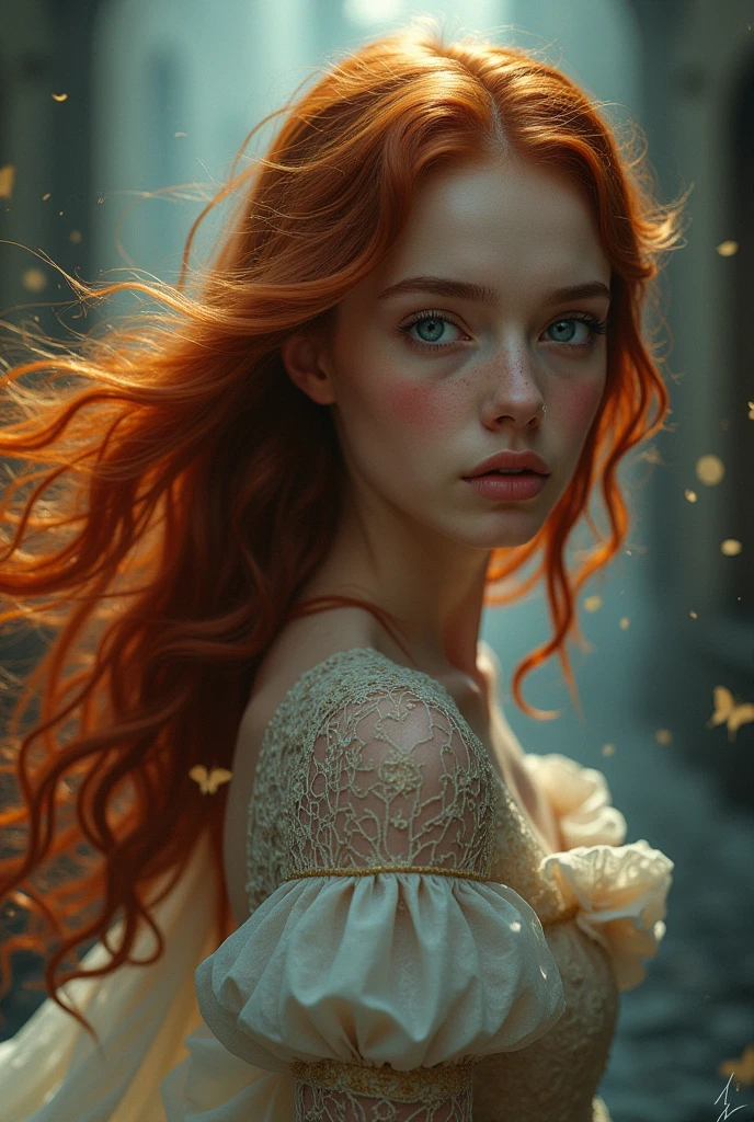 (solo, full body photo:1.3), (action packed:1.3), (haze, fog, mist:1.3), chiaroscuro, best quality, photorealistic, 1woman, (cute), (24yo:1.2), redhead, long ginger hair highly detailed, 1700'S, digital photography, art by artgerm and ruan jia and greg rutkowski surreal painting gold butterfly filigree, broken glass, (masterpiece, sidelighting, finely detailed Fashionable eyes: 1.2) (perfect oval large eyes that gazes at the viewer), beautiful detailed face, blue gorgeous perfect eyes, (blonde hair ponytail), (attractive young woman:1.3), (thick amazing hair), (seductive:1.1), (blushing:1.1)