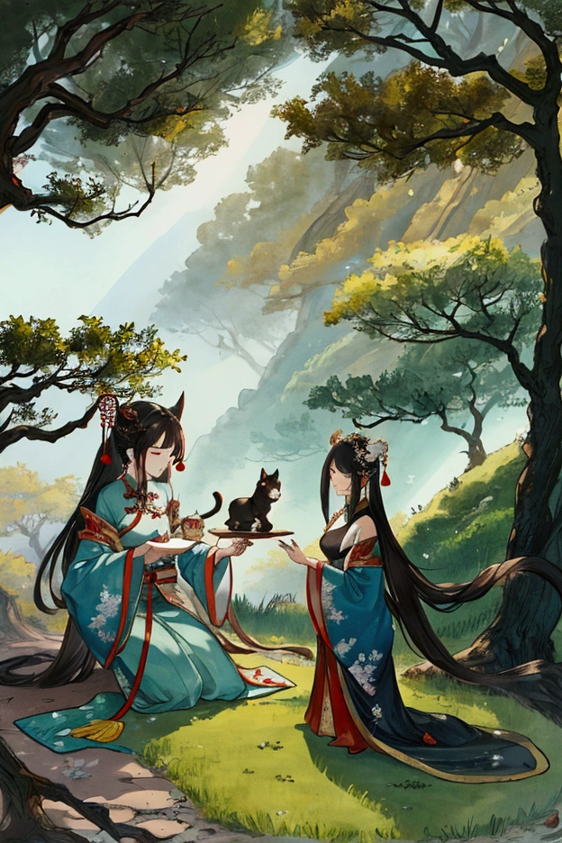 an illusion in a dream, chinese monsters mixing with chinese fairies, trees, animals