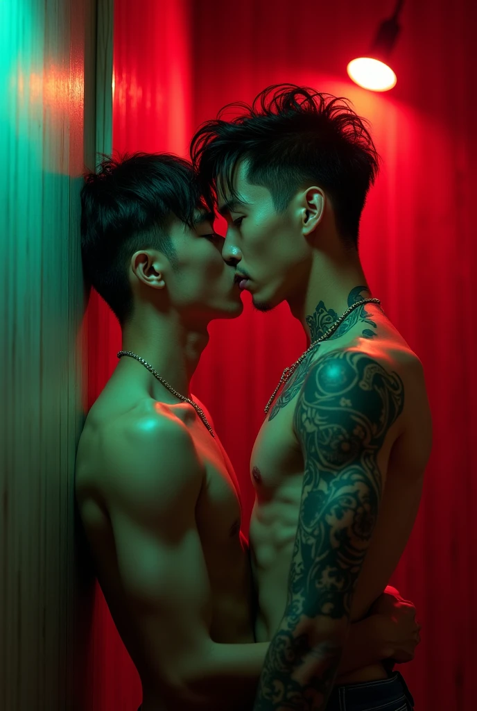 Two asian young oppa with a lot of tattoos and sexy normal body are having sex in the woody bathroom. red and green neon lights in picture. The first horny nude boy with closed eyes, is pressed against the cold bathroom's wall and his man. The second sexy man, who is completely naked, is fucking the first guy's ass from behind and cuming . This photo will be +22 and dirty jerk