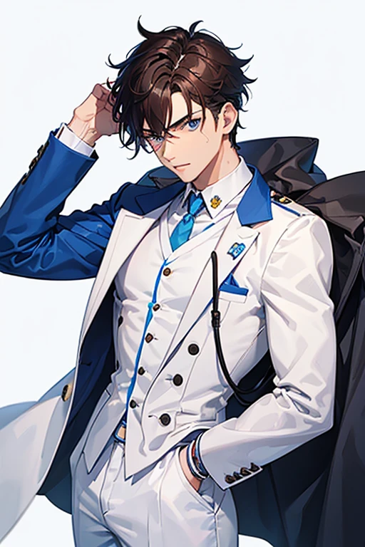 man in his 20s, Mexican, slim build, muscles, nurse uniform, white coat, blue pants, brown hair, spiky hair, blue eyes, looking directly at viewer white background