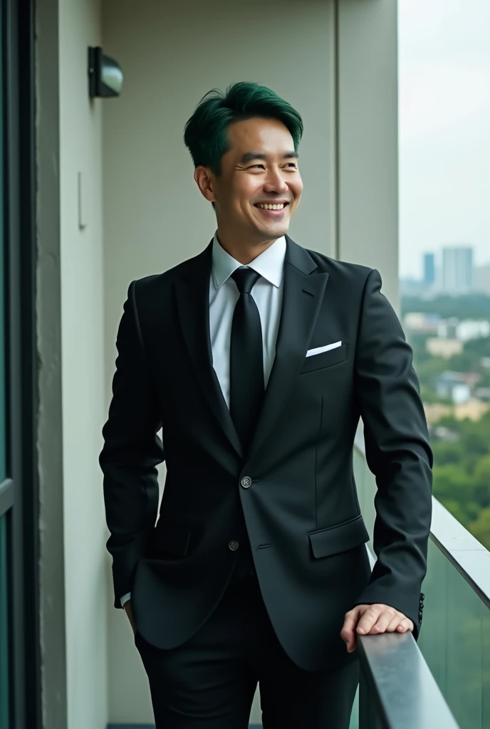 1 person,A smile 40-year-old thai-Korean man ,green hair, In black suit,full bodyesbian,bulgin muscals,short hair, gentlesoftlighting,masterpiece,best qualtiy,8K UHD,digital SLR camera,filmgrain,cool post lean at the modern balcony in building