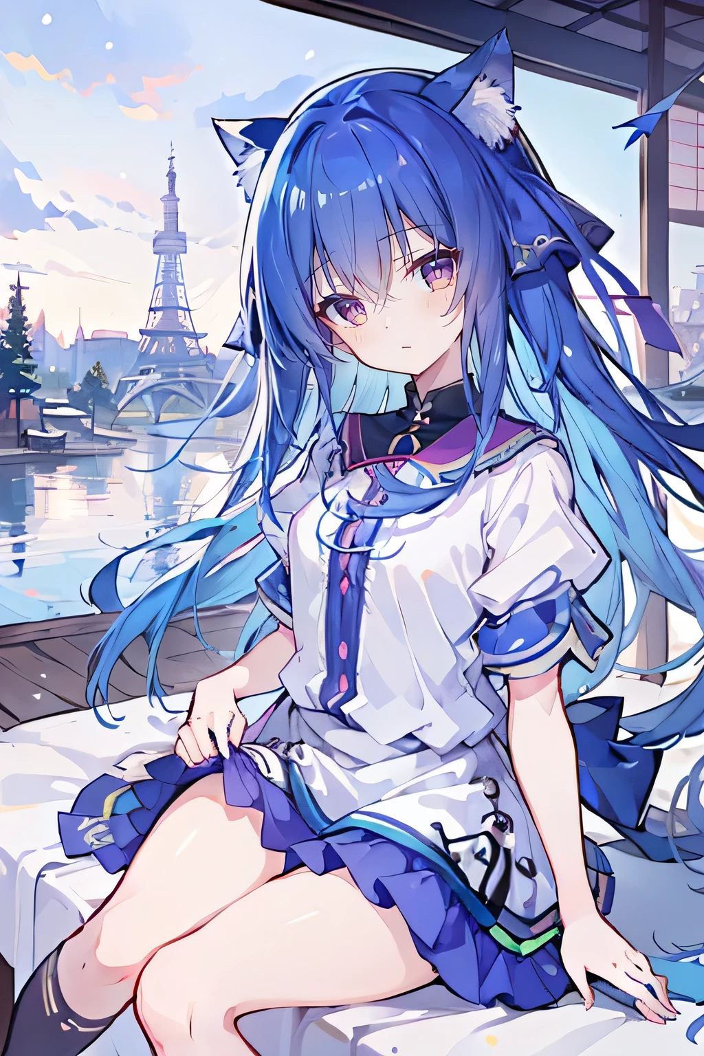 (masterpiece:1.2),Ultra-detailed,lifelike,The eyes are expressive,Fair skin,Perfect face shape,1 girl,
Japanese Manga,Gorgeous blue hair,Flowing blue hair,Flowing clothes,Cat's ears,Petals falling,Beautiful Lola,little angel,
Cross your legs,Gentle and peaceful background,The pavilion is cool and comfortable,Smile,Tokyo background,background,snow,winter,Back。