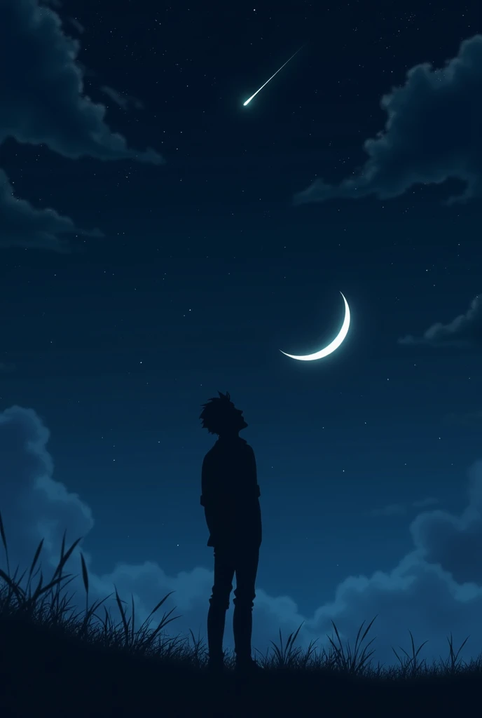 Draw in anime a man watching a shooting star pass by in the night sky and in the distance the moon appears to make it look like it&#39;s nighttime, around one in the morning Make it look darker and the man looks like he&#39;s thinking Leave the sky like this, Only now can the man be seen in the distance and only the silhouette of the man can be seen 