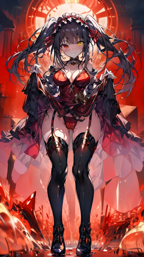 ((full body)),masterpiece, Highest quality, High resolution, One girl, sweeper, Long Hair, Twin tails, hair band, Heterochromia iridis, Medium chest, Cleavage, Black choker, Red ribbon, Exposing shoulders, Gothic, Red dress,((Red leotard)), Red Bow, Removable sleeves, Red Skirt, Have a weapon, gun, Outdoor, smile, (She lifts her skirt to reveal her wet pussy) (seductive smile)