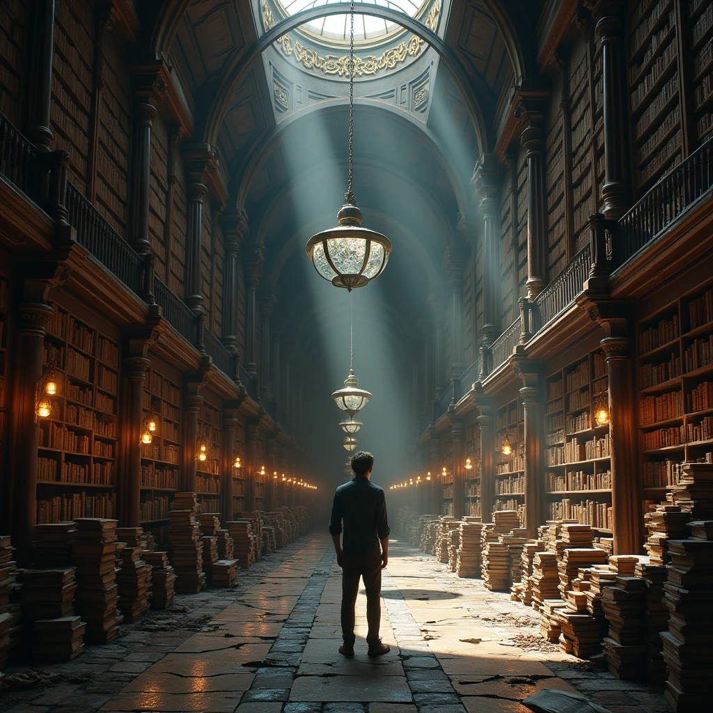 There is a photo of a man walking through a bookstore., Gothic Epic Library concept, Gothic Epic Library, Gothic Library, A library of Ruina concept art, Ancient Library, Book Cave, Library of Magic, The Eternal Library, Dark Library, Dusty Library, Alchemist&#39;s Library Background, Born Space Library Artwork, Vast library, Castle Library, Infinite Book