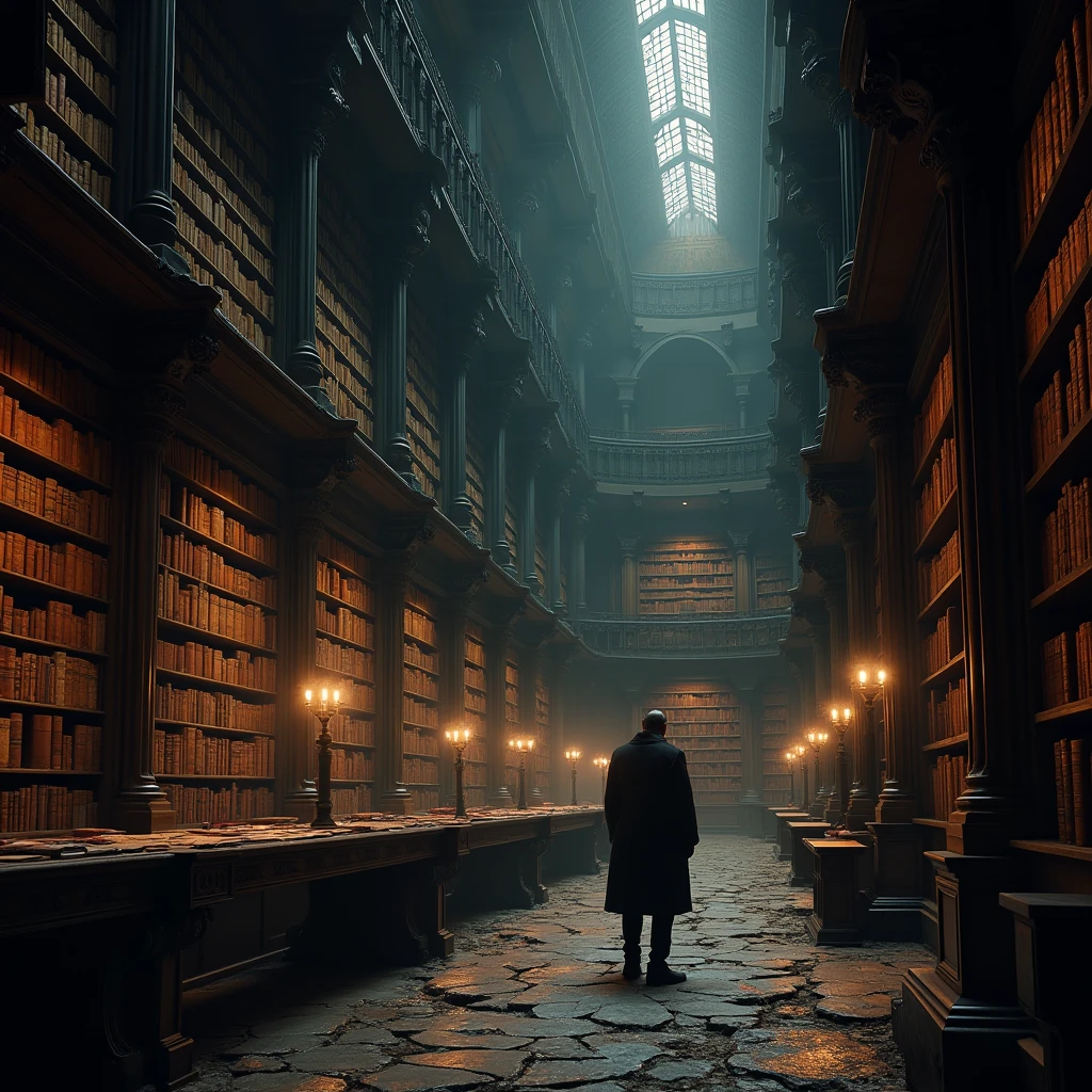There is a photo of a man walking through a bookstore., Gothic Epic Library concept, Gothic Epic Library, Gothic Library, A library of Ruina concept art, Ancient Library, Book Cave, Library of Magic, The Eternal Library, Dark Library, Dusty Library, Alchemist's Library Background, Born Space Library Artwork, Vast library, Castle Library, Infinite Book
