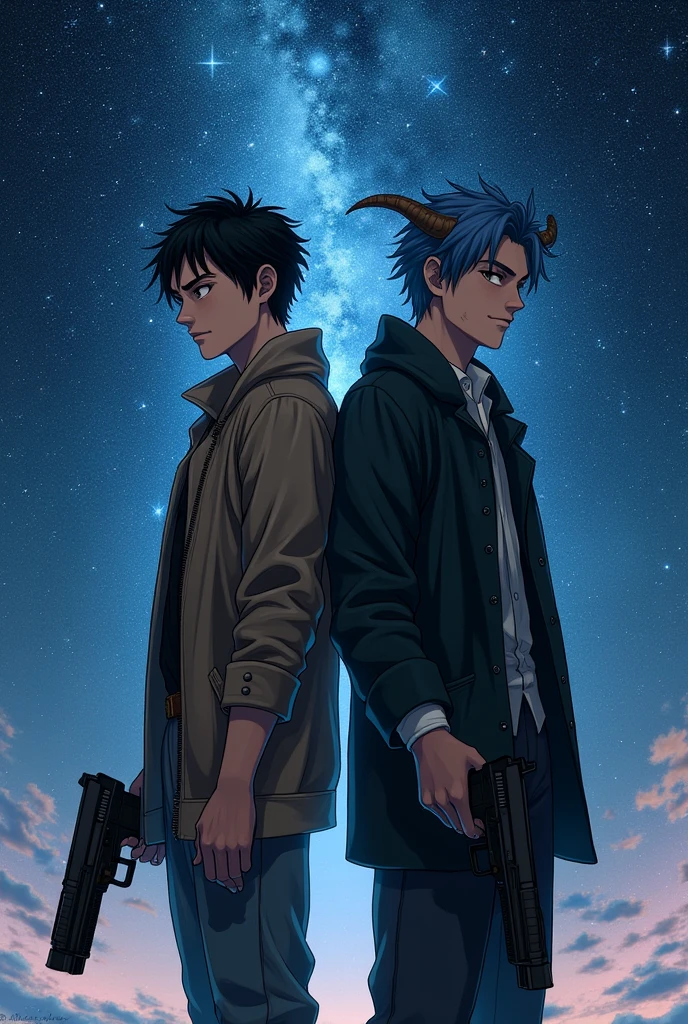 Two men stood holding guns together. The first one had short black hair, fair skin, cute face, black eyes. The second one was a taller man than the first one, had blue hair, dragon-like horns on his head, handsome eyes, standing next to each other, both holding guns in their hands. Both were men of a fairly old age. The background was a universe system of stars.