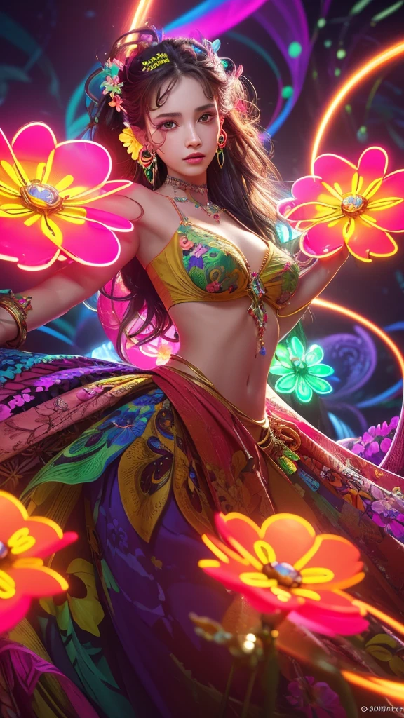 masterpiece, Highest quality, Highest quality,neon official art, Realistic and aesthetic beautiful woman:1.2), (One girl:1.3), Very detailed,(Fractal Art:1.1),(colorful:1.1)(Flowers:1.3),Most detailed,(Tangled:1.2), (Dynamic pose), (neon abstract background:1.3), (Glowing Skin), (Many colors:1.4), ,(Earrings:1.4), neon ,whole body