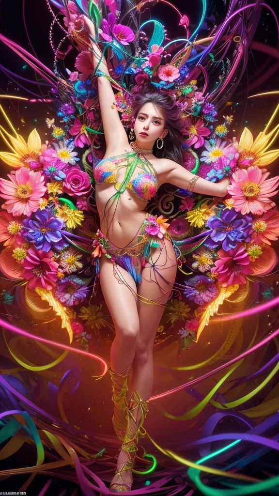 masterpiece, Highest quality, Highest quality,neon official art, Realistic and aesthetic beautiful woman:1.2), (One girl:1.3), Very detailed,(Fractal Art:1.1),(colorful:1.1)(Flowers:1.3),Most detailed,(Tangled:1.2), (Dynamic pose), (neon abstract background:1.3), (Glowing Skin), (Many colors:1.4), ,(Earrings:1.4), neon ,whole body