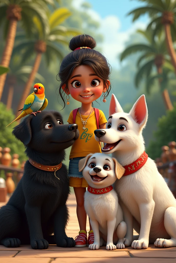 A Brazilian ager with her 3 black and 1 white dogs and her cockatiel create Disney Pixar