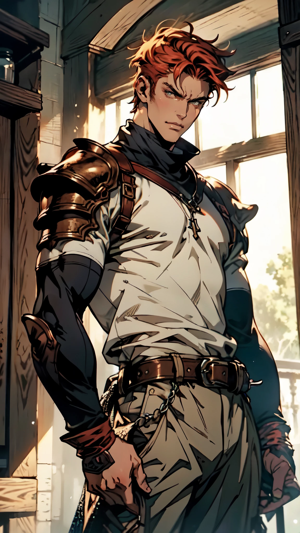 (masterpiece:1.2, best quality:1.2, extremely delicate:1.2), ((male:1.5)), a man with spiky short orange-red hair, side-parted bangs, a calm gaze, a faint smile, a mature and handsome face, dark skin, a tall and muscular build, a bare upper body, several strips of leather armor wrapped around his left shoulder and chest, wrist guards, loose beige cargo pants, standing in a massive circular arena, this character embodies a finely crafted fantasy-realist style gladiator in anime style, exquisite and mature manga art style, dramatic, high definition, highres, ultra-detailed, ultra-fine painting, professional, perfect body proportions, golden ratio, anatomically correct, symmetrical face, extremely detailed eyes and face, high quality eyes, creativity, RAW photo, UHD, 32k, Natural light, cinematic lighting, (masterpiece-anatomy-perfect:1.2)