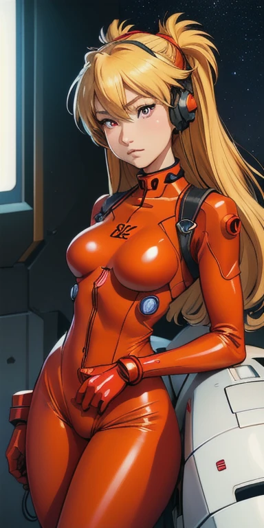 (Overhead view),dynamic angle,ultra-detailed, illustration, close-up, straight on, 1girl, 
 ((souryuu asuka langley, interface headset, red bodysuit:1.4, blonde)),Her eyes shone like dreamy stars,(glowing eyes:1.233),(beautiful and detailed eyes:1.1),(expressionless,closed mouth),(standing), 
(mechanic room with toolsand spaceship windowin a white SPACESHIP),
(night:1.2),dreamy, [[delicate fingers and hands:0.55]::0.85],(detail fingers),
