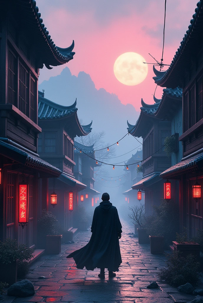 anime - style scene of a street with a man in a cloak, ghost of tsushima, traditional japanese concept art, dreamy chinese town, ancient chinese town, sekiro in bloodborne world, cyberpunk chinese temple, 4 k resolution concept art, chinese city, 4k concept art, 4 k concept art, feng zhu concept art, concept art stunning atmosphere