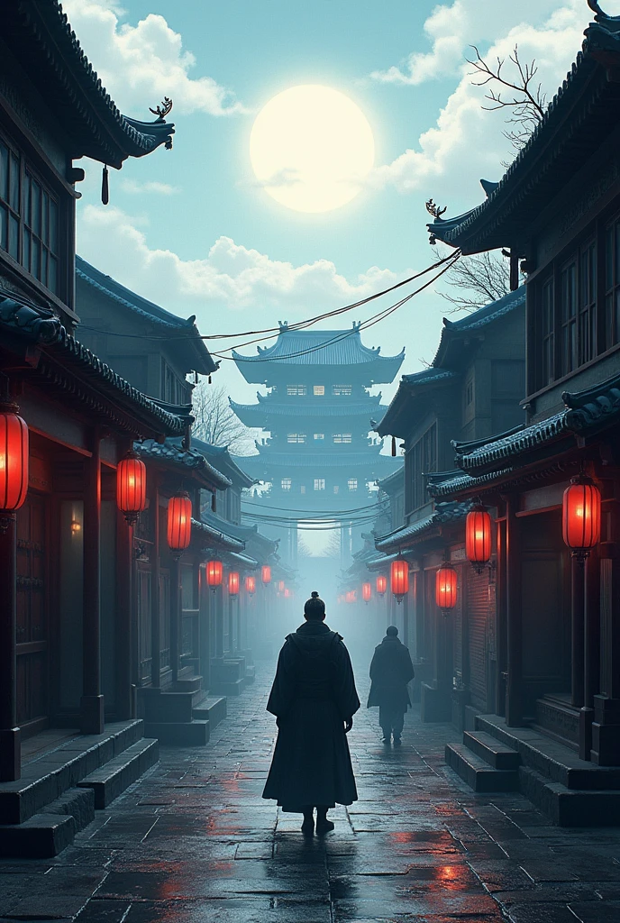 anime - style scene of a street with a man in a cloak, ghost of tsushima, traditional japanese concept art, dreamy chinese town, ancient chinese town, sekiro in bloodborne world, cyberpunk chinese temple, 4 k resolution concept art, chinese city, 4k concept art, 4 k concept art, feng zhu concept art, concept art stunning atmosphere