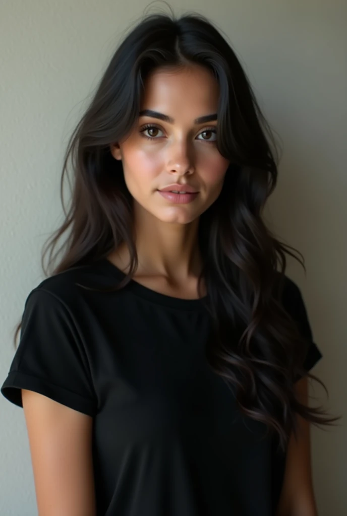 (photorealism:1.2), beautiful persian woman with black hair and black eye and eyebroww with 
withe skeen and black T shirt 