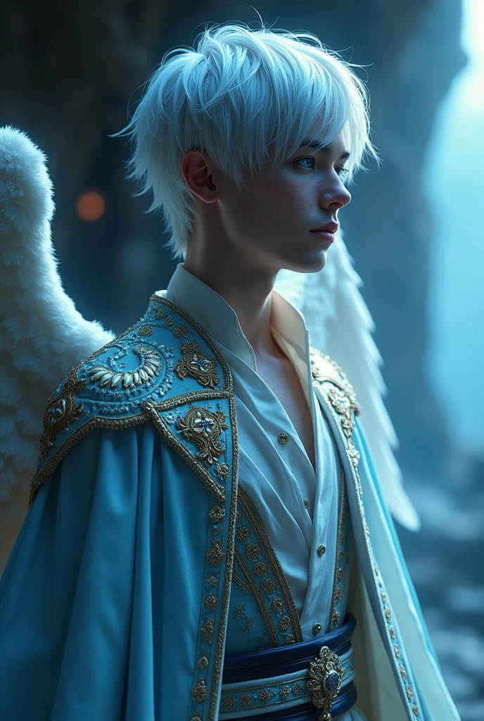 Homem angelical, abyssal blue eyes, short shiny silver hair, bard outfit