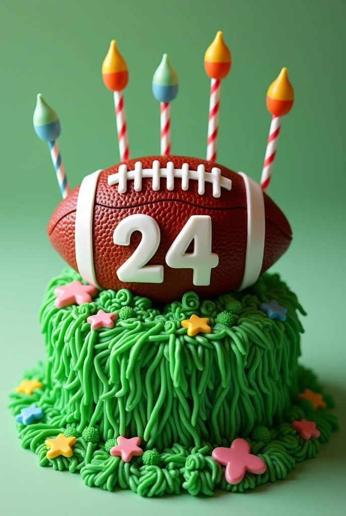 A green cake with a sweet American football ball that says Bryan and the number 24 with sticks
