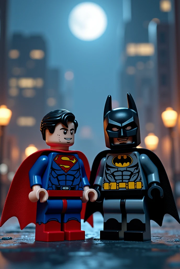 Superman and Batman in lego art, night