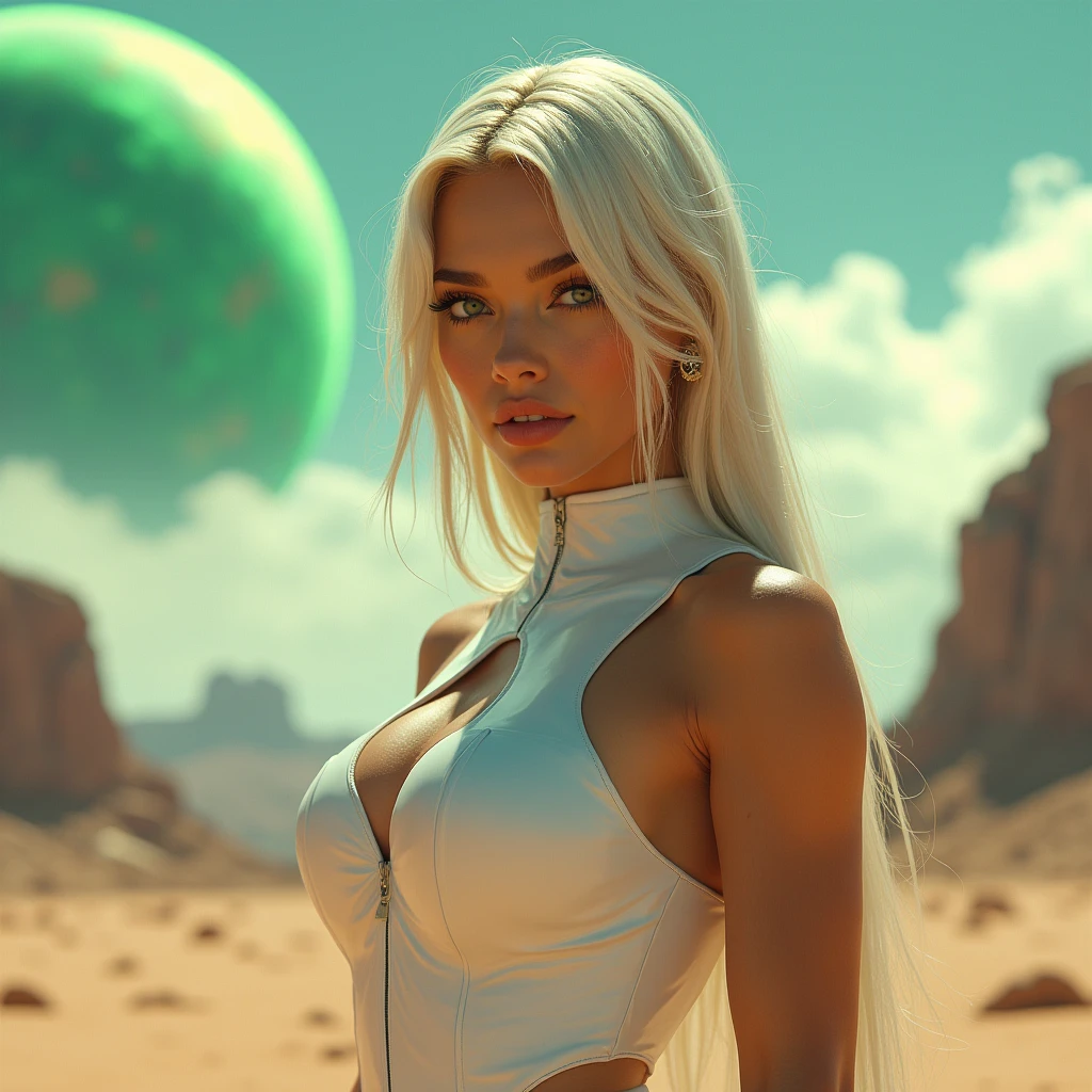 mesmerizingly beautiful ciano white zero suit samus aran, latex clothing, deserted green planet landscape, planet in the sky green, friendly, inviting, looking at viewer, muscular arms, muscular abs, athletic body, pussy, huge breasts, detailed, raw photo, photorealistic, professional photograph, attractive, stunning, cinematic, intricate, artistic, highly complimentary colors, perfect composition