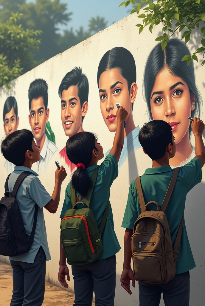 ছাত্র ছাত্রীরা দেয়ালে শহীদের ছবি আকছে বাংলাদেশের এমন কিছু ছবি চাই