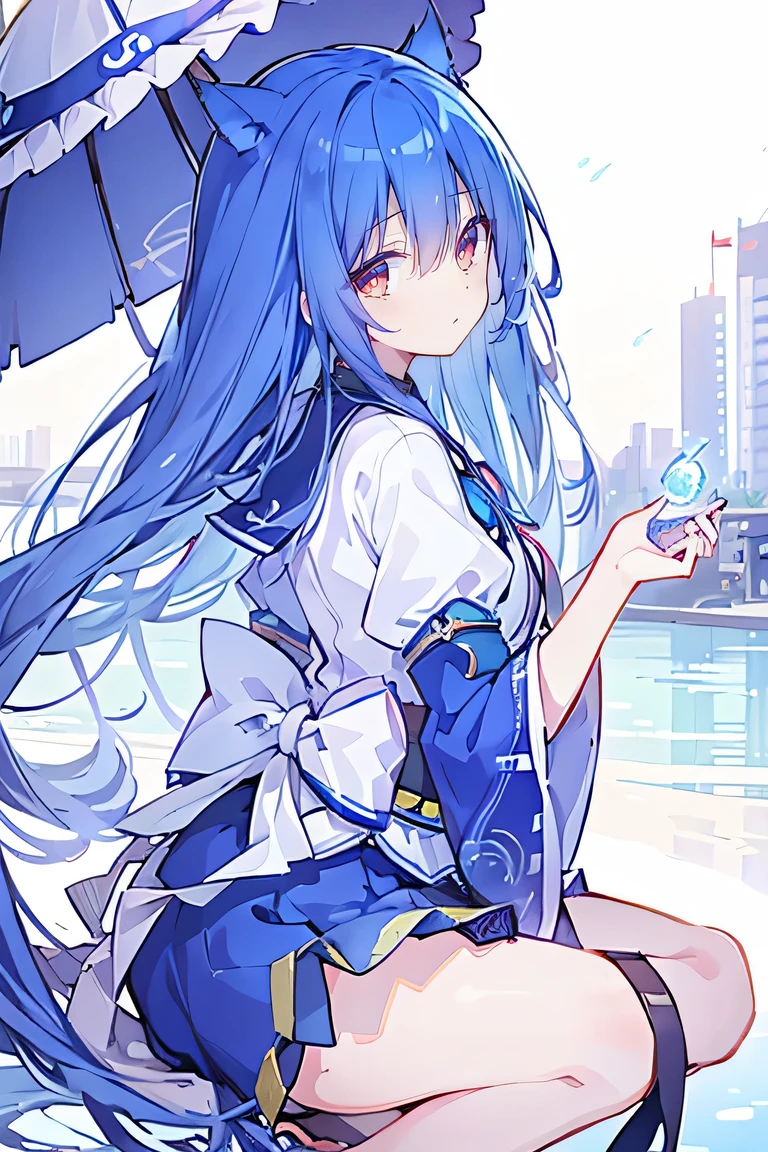 (masterpiece:1.2)，Ultra-detailed，lifelike，The eyes are expressive，Fair skin，Perfect face shape，1 girl，
Japanese Manga，Gorgeous blue hair，Flowing blue hair，Flowing clothes，Cat&#39;s ears，Petals falling，Beautiful Lola，little angel，
Cross your legs，Gentle and peaceful background，The pavilion is cool and comfortable，Smile，Tokyo background，background，snow，winter，Back。