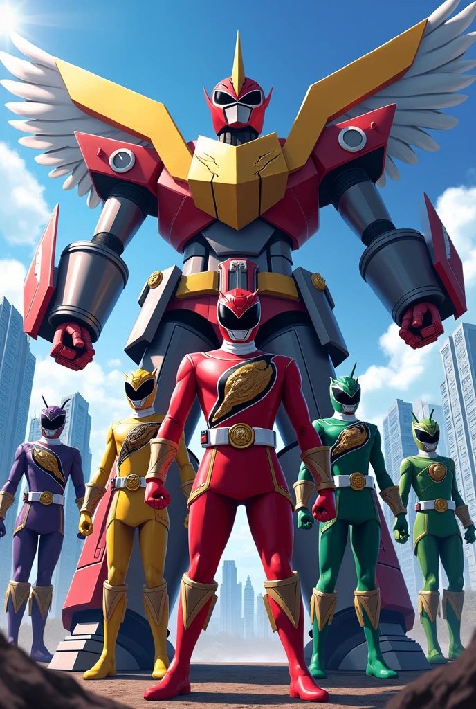 Super sentai Red Falcon male ranger, Black Crow male ranger, Yellow Owl female ranger, Green sparrow male ranger, White Eagle male ranger and Megazord